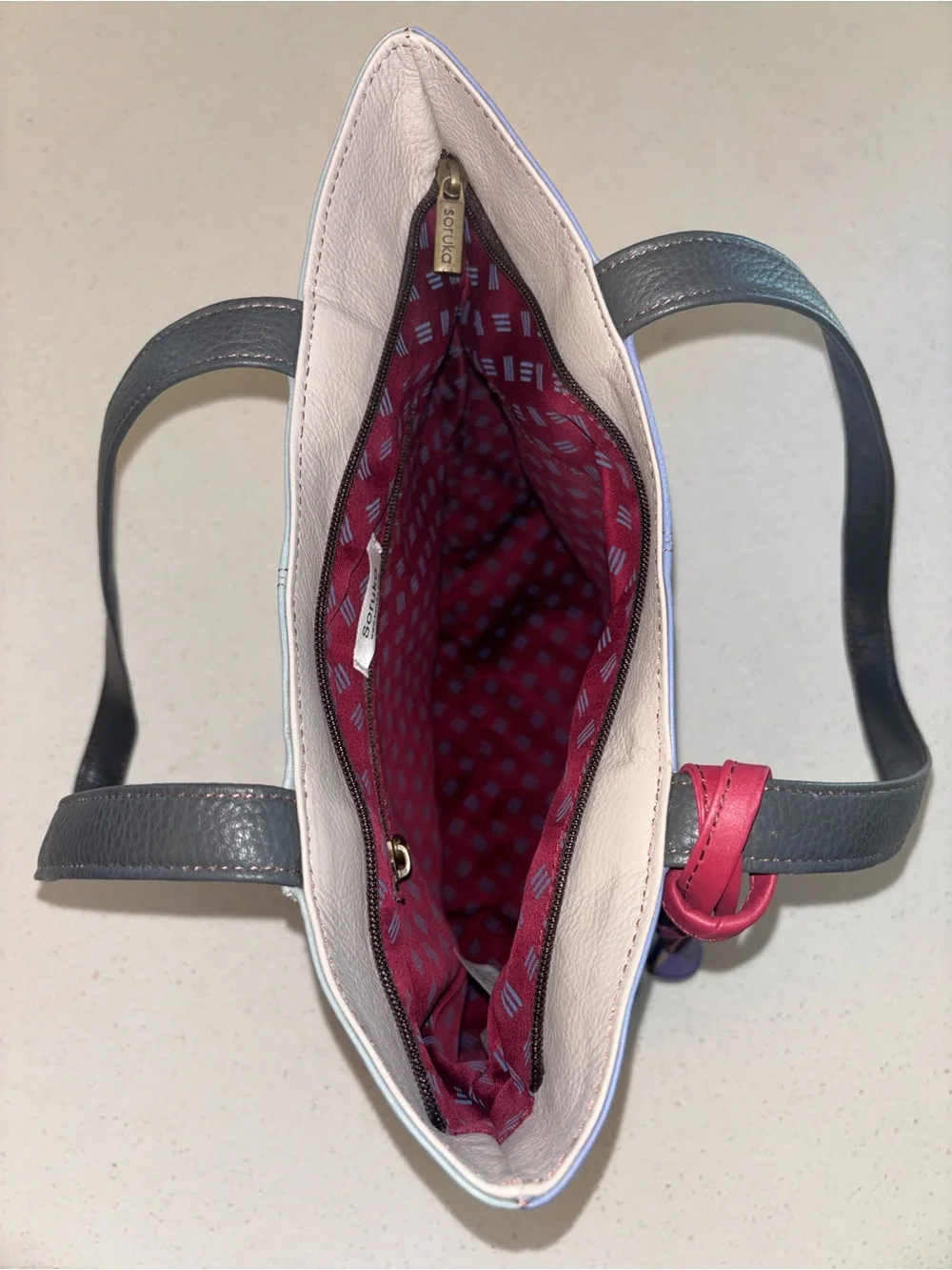 Leather Tote in Slate Blue with Black Handles and Red Accent